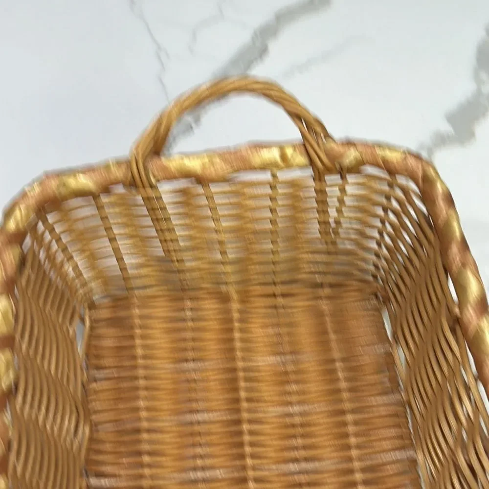 Tan Brown Wicker Weave Basket with Handles Bread Trinkets Keys